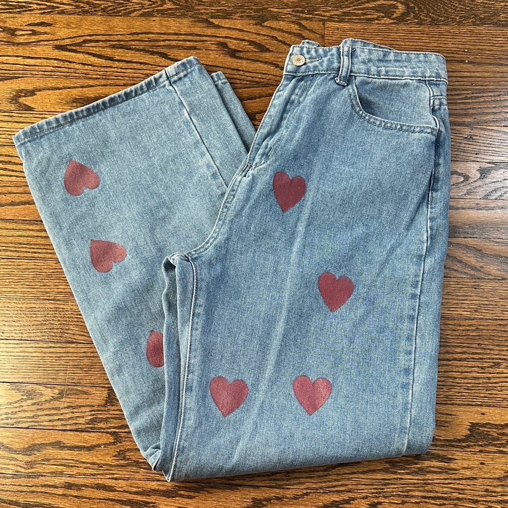 SHEIN Blue Jeans with Red Heart Accents